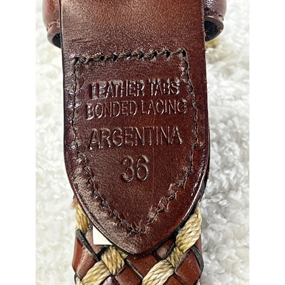 Mens Brown Leather Braided Belt Woven Cord Gold Buckle Size 36 Made in Argentina